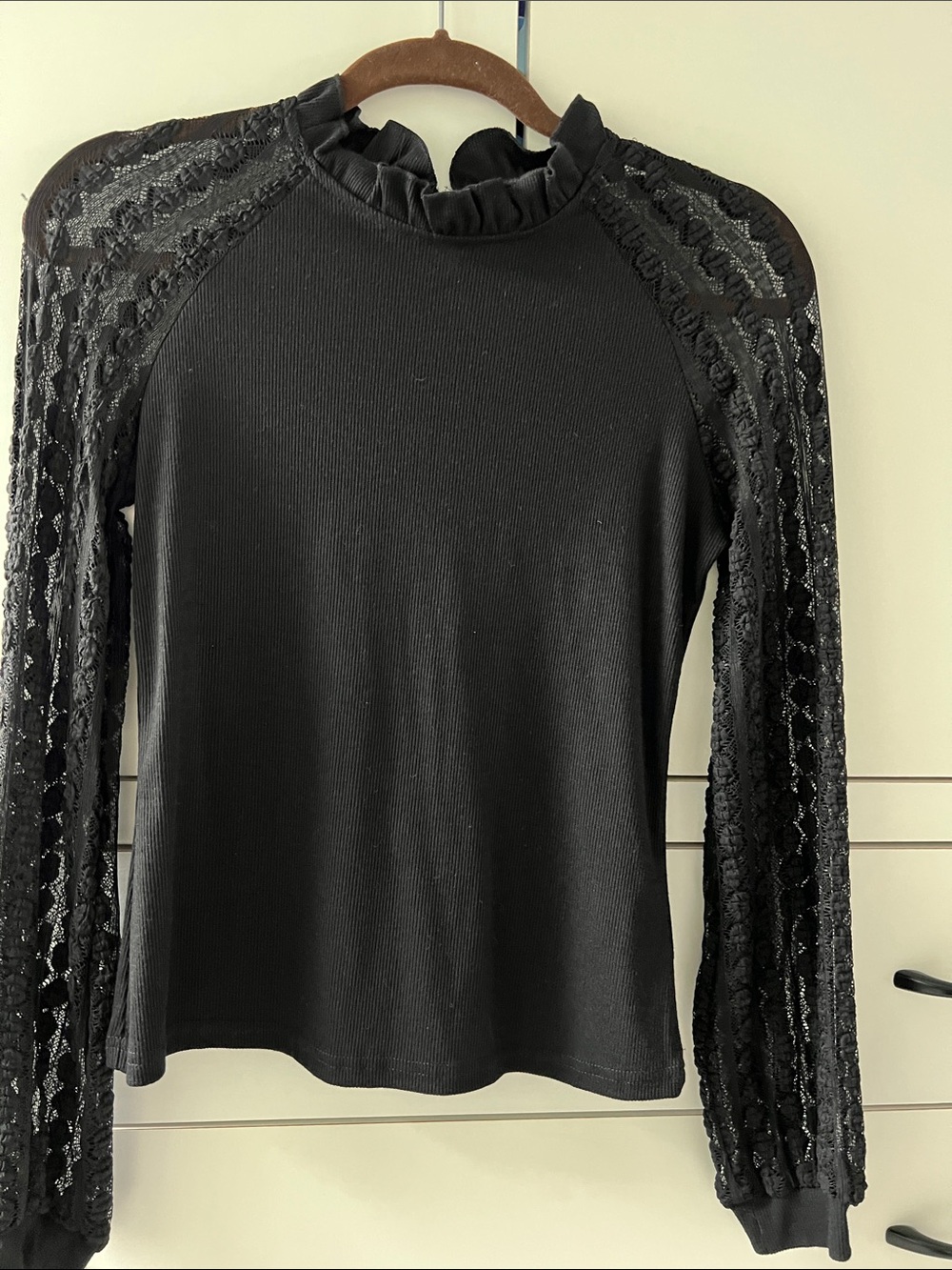 Black Lace-Sleeve Ruffled Neck Top - Women